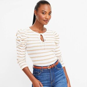 Loft Striped Jacquard Tie Keyhole Ruched Sleeve Top • Size Medium